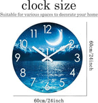XFM Blue Wall Clock 24 Inch Large Round Silent Non-Ticking Battery Operated Wall Clocks Glass Moon Ocean View Decorative Clock for Kitchen Living Room Home Office