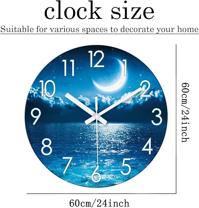XFM Blue Wall Clock 24 Inch Large Round Silent Non-Ticking Battery Operated Wall Clocks Glass Moon Ocean View Decorative Clock for Kitchen Living Room Home Office