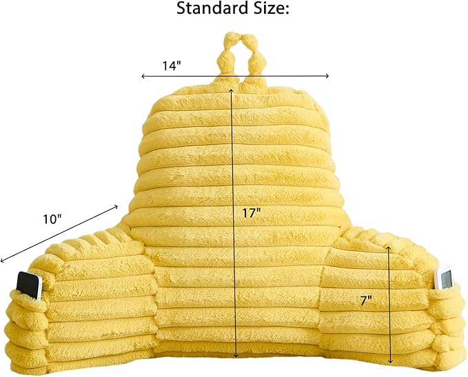 Faux Fur Fluffy Yellow Reading Pillow with Pockets, Luxury Striped Plush Decorative, Arm Rests and Back Surport for Bed Rest, Lounging on Sofa, Standard