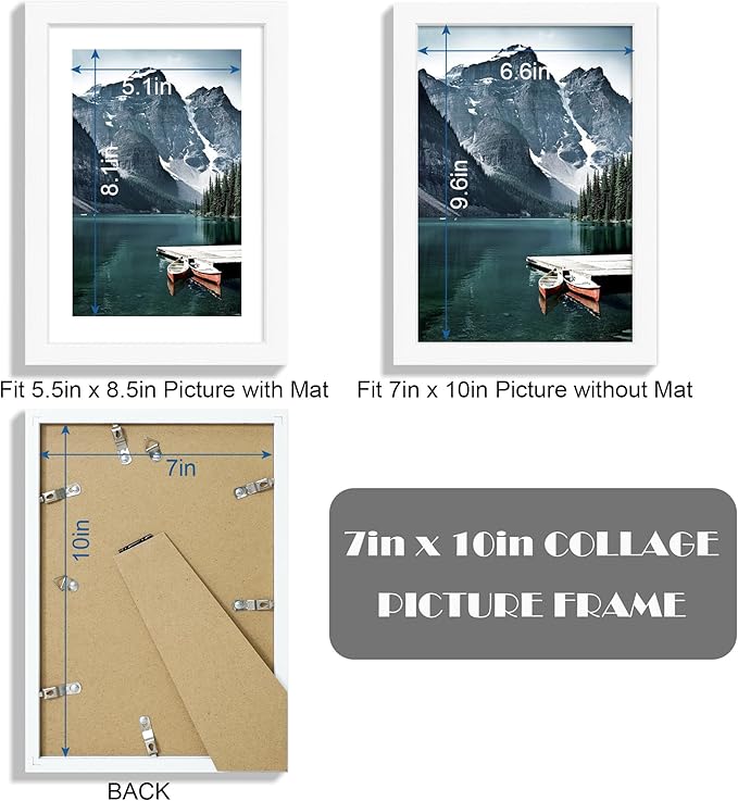 7x10 Frame with Real Glass - Display Pictures 5.5x8.5 with Mat or 7 x 10 without Mat, Photo Frame for Wall or Table Top Display(White, 3 Pack)