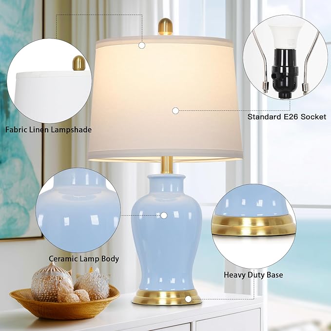 23" Modern Blue Ceramic Table Lamps Set of 2, Coastal Ceramic Lamps for Living Room, Classic Bedside Lamp with Ginger Jar Design, Elegant Bedroom Lamp for Night stand Desk Side End Table Home Decor