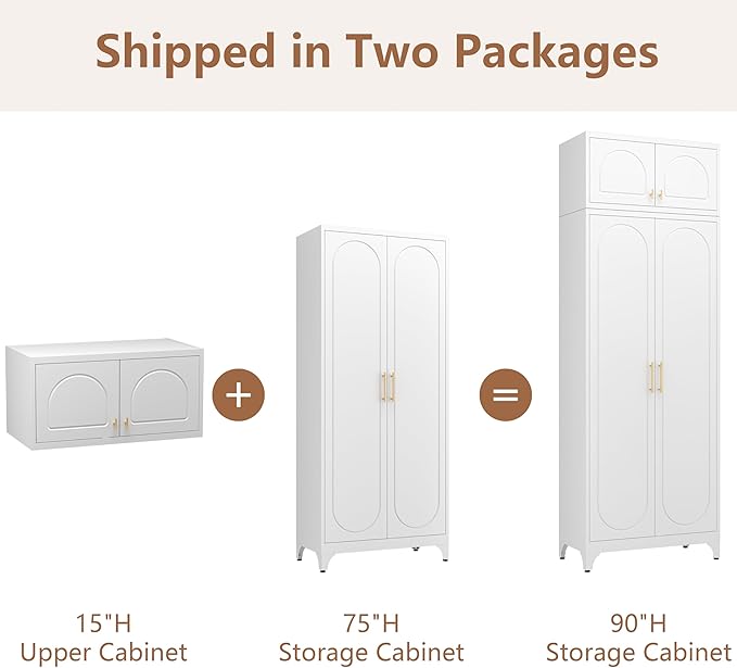 Kitchen Pantry Cabinet, 90" Tall Metal Pantry Cabinet, Food Cupboards with Doors and Shelves, Freestanding Storage Cabinets for Dining, Living Room, 16"D x 32"W x 90"H, White, Assembly Required