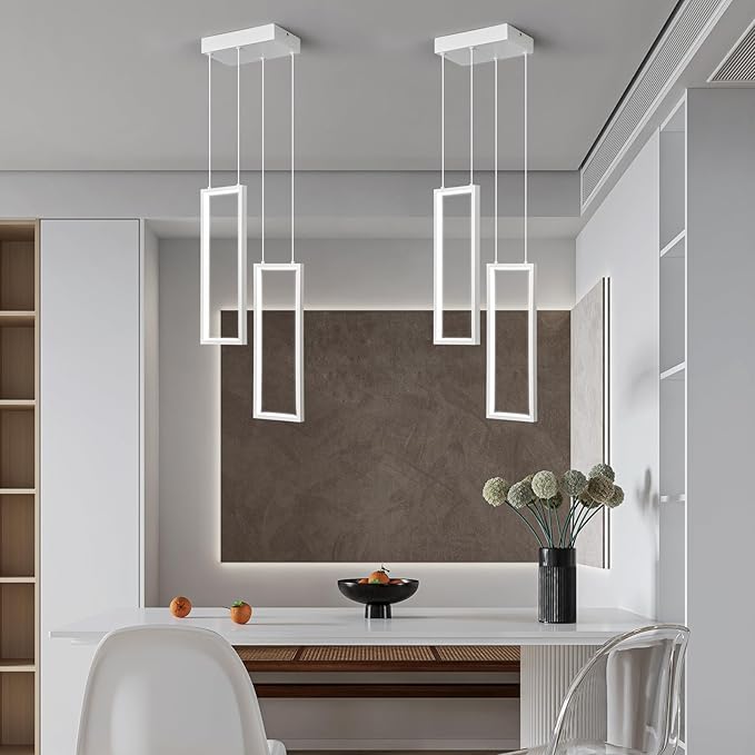 Modern Kitchen Pendant Light Fixture White 18W LED Pendant Light 2 Rings Rectangle Chandelier Pendant Lighting for Kitchen Island Living Room Dining Room Bedroom
