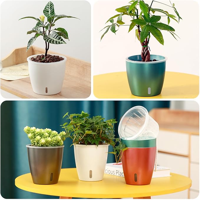 Self Watering Pots for Indoor Plants, 6-Pack 6.7'' Self Watering Planter with Drainage Holes, Small African Violet Pots with Water Indicator, Clear Wick Orchid Pot, White