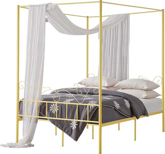 VEVOR Canopy Bed Frame Queen Size, Metal Canopy Bed with Minimalist Headboard & Four Posters Design, Heavy Duty Steel Slats Support, Underbed Storage Space, No Box Spring Needed, Easy Assembly, Gold