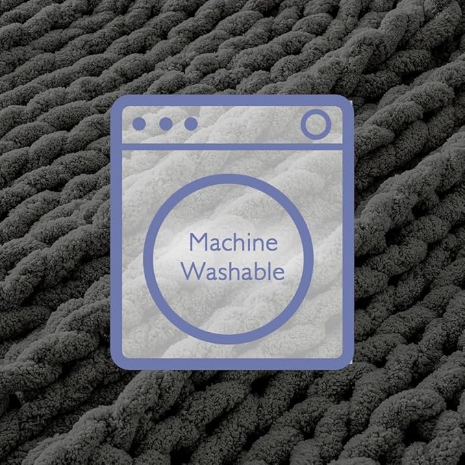 Bigacogo Chunky Knit Throw Blanket for Couch, 51x63 inches, 100% Hand Knitted with Thick Jumbo Chenille Yarn, Cozy Soft Large Rope Knot Cable Crochet Blankets for Sofa Bed Living Room, Dark Grey