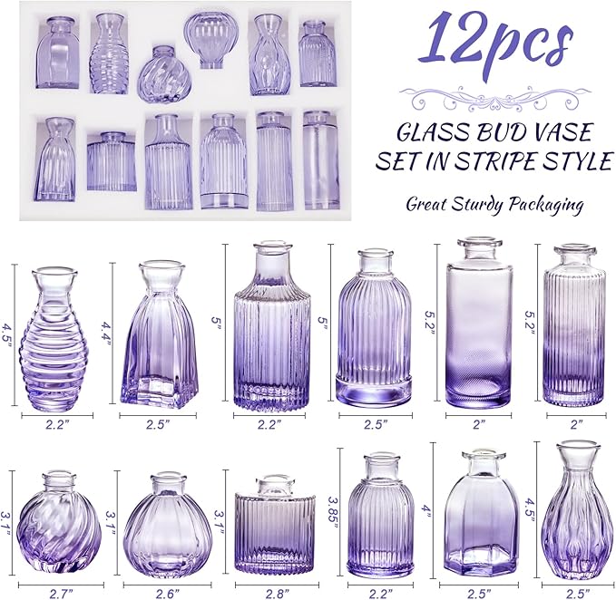Glass Bud Vases Set of 12, Small Purple Vase Glass Vases for Flowers Modern Ribbed Colored Bud Vase for Decor Wedding Flower Vase in Bulk Vintage Decor Bridal Shower Centerpieces Home Table Decoration