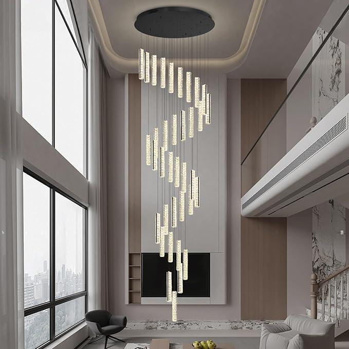 Modern Large Crystal Chandelier for High Ceiling LED Dimmable Chandelier Lighting for Foyer Hallway Staircase 36-Light Black