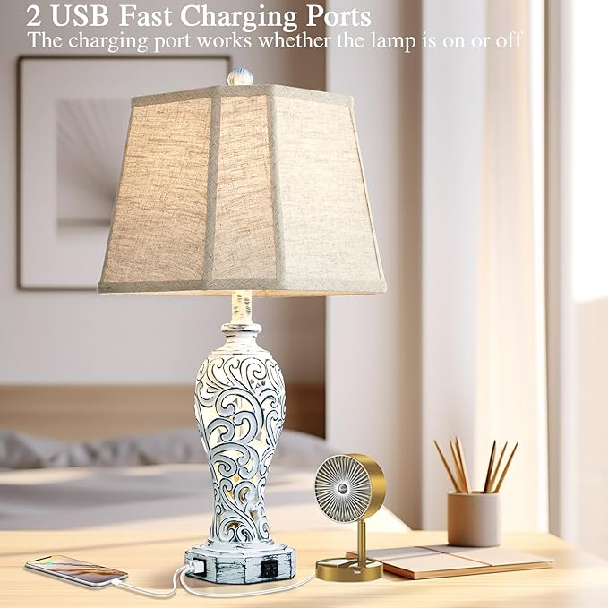 25'' Farmhouse Table Lamps Set of 2 for Living Room Bedroom, 2 USB Ports Rustic Vintage Nightstand Table Lamp with Nightlight, Hollow Out Resin Lamp for End Table (Bulbs Included)