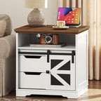 Farmhouse End Table with Charging Station, Sofa Side Table with 2 Drawers and Barn Door, Rustic Wooden Nightstand Bedside Table for Bedroom, Living Room,White and Walnut