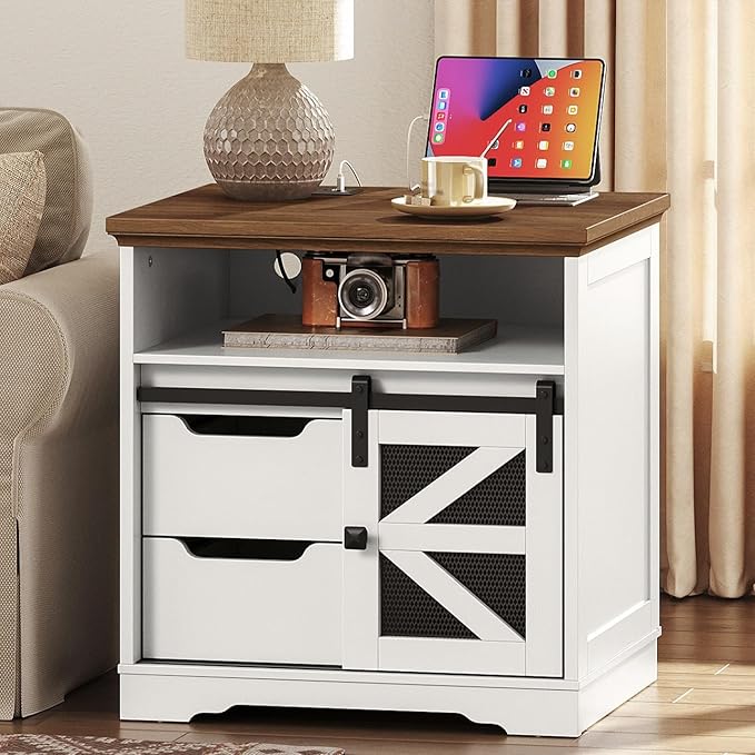 Farmhouse End Table with Charging Station, Sofa Side Table with 2 Drawers and Barn Door, Rustic Wooden Nightstand Bedside Table for Bedroom, Living Room,White and Walnut