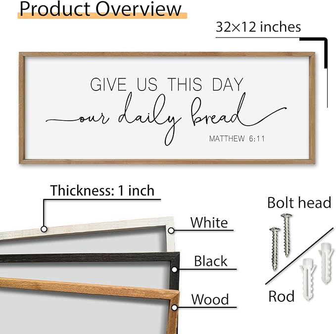SRSZHIYUE Give Us This Day Our Daily Bread Sign Wall Decor Art 32"×12" Matthew 6:11 Dining Room Kitchen Large Wood Framed Wall Hanging (Wood)
