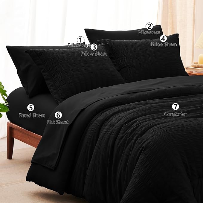 CozyLux Oversized Queen Comforter Set Black Seersucker 7 Pieces Bed in a Bag Queen Comforter Set with Sheets, Luxury Soft Bedding Set with Down Alternative Comforter, Sheets, Pillowcases & Shams