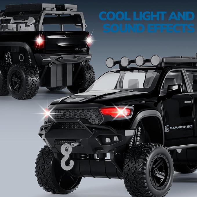 Toy Trucks for Boys 1/32 Diecast Trucks Mammoth Model Truck,Collectible Pickup Truck Model Kit,Pull Back Cars with Lights and Sounds,Toy Trucks for Boys Age 4-7（Black）