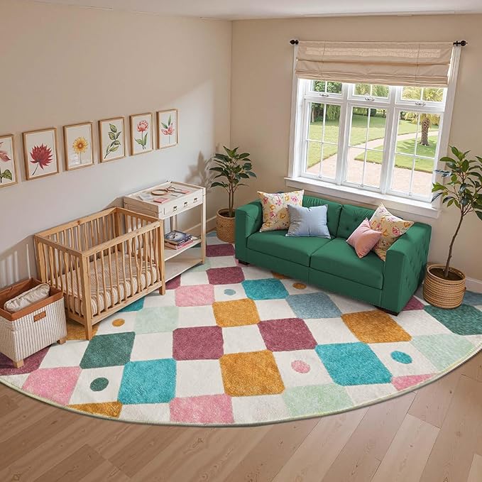 jinchan Kids Rug for Classroom 8ft Radius Corner Washable Area Rug Modern Colorful Quarter Circle Rug Soft Non-Slip Carpet for Nursery Playroom Daycare Reading Nook Living Room Confetti on Cream