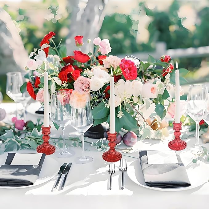 Glass Candlestick Holder,Striped Taper Candle Holders,Set of 6 Candle Stand for Table Centerpieces, Home Decor,Weddings,Festival and Parties (Red Stripe Pattern)