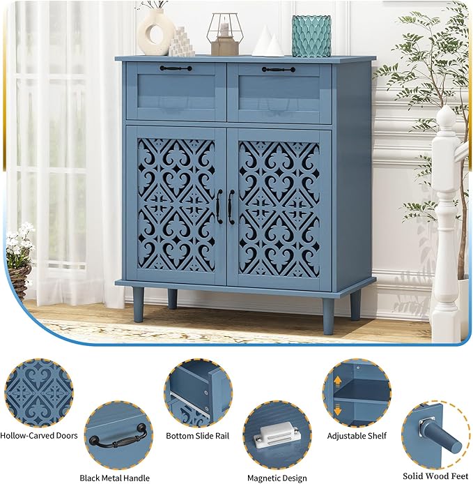 Kitchen Storage Cabinet with Drawers - Accent Cabinet with Carved Door, Floor Sideboard Buffet with Storage, Small Wood Credenza for Living Room, Dining Room, Entryway, Blue