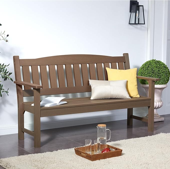 Psilvam 3-Person Outdoor Memorial Bench, All-Weather Poly Lumber Garden Bench, Rot-Resistant Outdoor Patio Bench for Park,Porch,and Church(Brown)