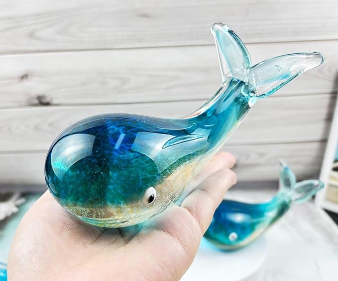 Crystal Whale Figurine Hand Blown Glass Whale Statue Collectibles Art Glass Sea Animal Paperweight Home Table Decor Gift Colorful 5.1''
