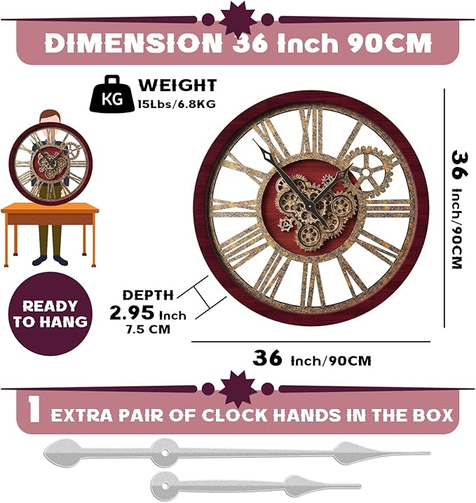 The B-Style Large Wall Clock 24 inch Moving Gear Wall Clock Oversized Vintage Farmhouse Wall Clocks for Living Room Decor Rustic Industrial Wood Clock (Cherry red and Bronze, 36 inch/90cm)