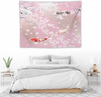 Houselerax Japanese Koi Fish Tapestry, Cherry Blossoms Asian Oriental Pink Flower Branch Koi Fish Carp Tapestries Wall Hanging for Bedroom Living Room Office Decor 40"x30"