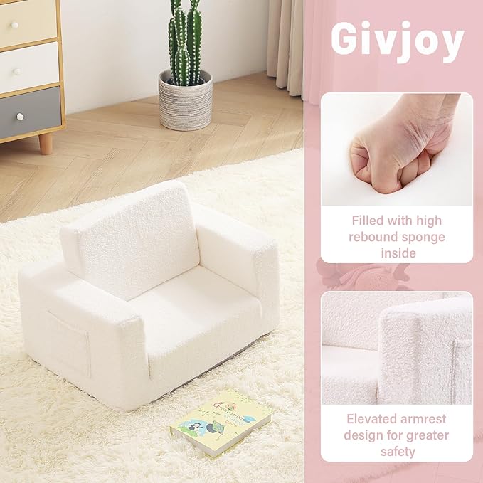 Toddler Chair Sherpa Kids Couch, 2-in-1 Soft Kids Sofa Lounger for Bedroom, Convertible Couch for Girls and Boys, Reading Chair, Beige