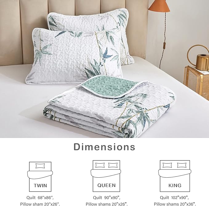 Botanical Quilt Set 3 Pieces Full/Queen Size, Green Leaves Printed on White Reversible Bedspread Coverlet Set, Soft Microfiber Lightweight Bed Cover for All Season (90" x 90", 1 Quilt+ 2 Pillow Shams)