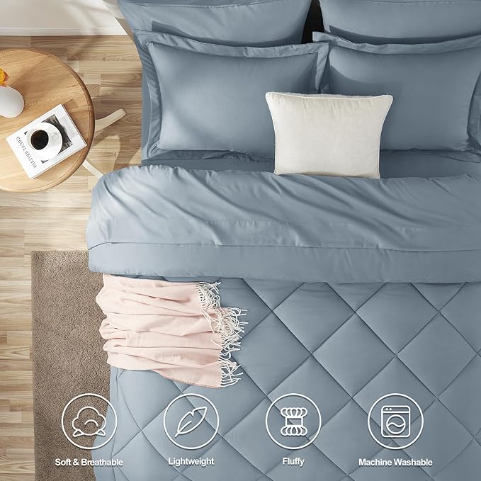 CozyLux King Size Comforter Set Dusty Blue - 7 Pieces Bed in a Bag King, Luxury Soft Bed Set for All Seasons, Bedding Set with Down Alternative Comforter, Sheets, Pillowcases & Shams, Grayish Blue