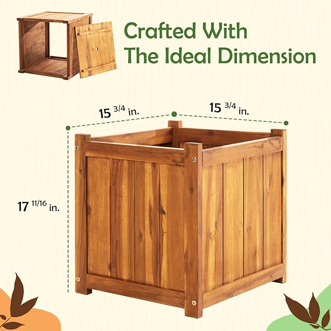 Idzo Hardwood Outdoor Flower Box, Durable Acacia Wood Flower Boxes for Outdoor Plants with Ergonomic Handles, Drainage Holes, Multiple Sizes Wood Bucket Planter for Home Decor, 1pcs