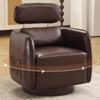 Modern 360° Leather Swivel Accent Chair with Adjustable Headrest, Chenille Accent Chair for Living Room, Vanity Chair for Makeup, Swivel Barrel Chair with Lumbar Pillow, Comfy Barrel Armchair, Brown