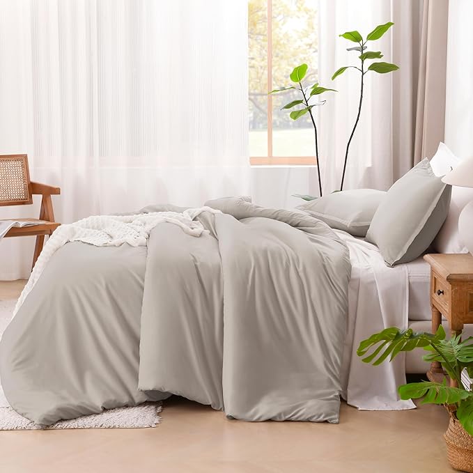 Litanika Linen Grey Comforter Set King Size, 3 Pieces Lightweight Solid Bedding Comforter Set, All Season Fluffy Bed Set (104x90In Comforter & 2 Pillowcases)