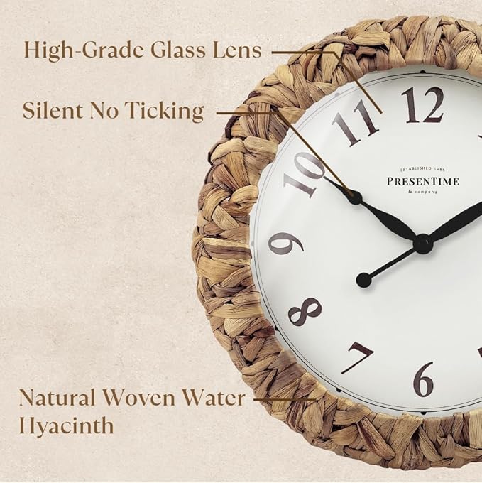 Presentime & Co. Farmhouse Series, Rustic Woven Clock, 14 inch, Natural Woven Water Hyacinth/Sea Grass. Wall Sculpture, Wall Art and Timepiece for Home Decoration/Decoration/Farmhouse Décor