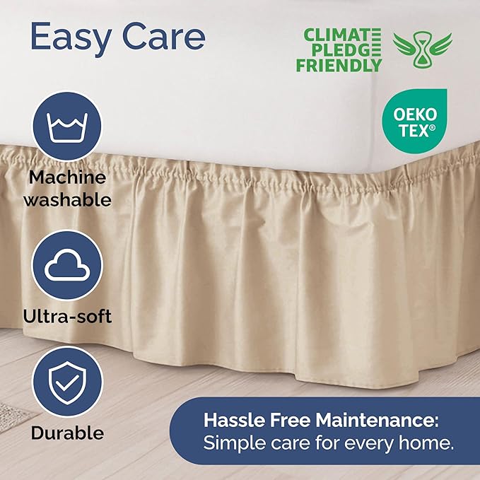 Wrap Around Dust Ruffle Bed Skirt - Cream - for Queen Size Beds with 24 Inch Drop - Easy Fit Elastic Strap - Adjustable Pleated Bedskirt w/Brushed Fabric - Wrinkle Free - for Women, Men, Kids & Teens