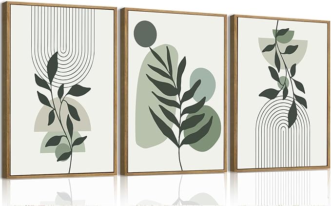 Bwodke Boho Wall Art, Framed Abstract Wall Art, Botanical Canvas Wall Decor, Mid Century Line Leaf Geometric Pictures Set of 3, Minimalist Paintings, for Bedroom Living Room Bathroom 16"x24"