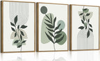 Bwodke Boho Wall Art, Framed Abstract Wall Art, Botanical Canvas Wall Decor, Mid Century Line Leaf Geometric Pictures Set of 3, Minimalist Paintings, for Bedroom Living Room Bathroom 16"x24"