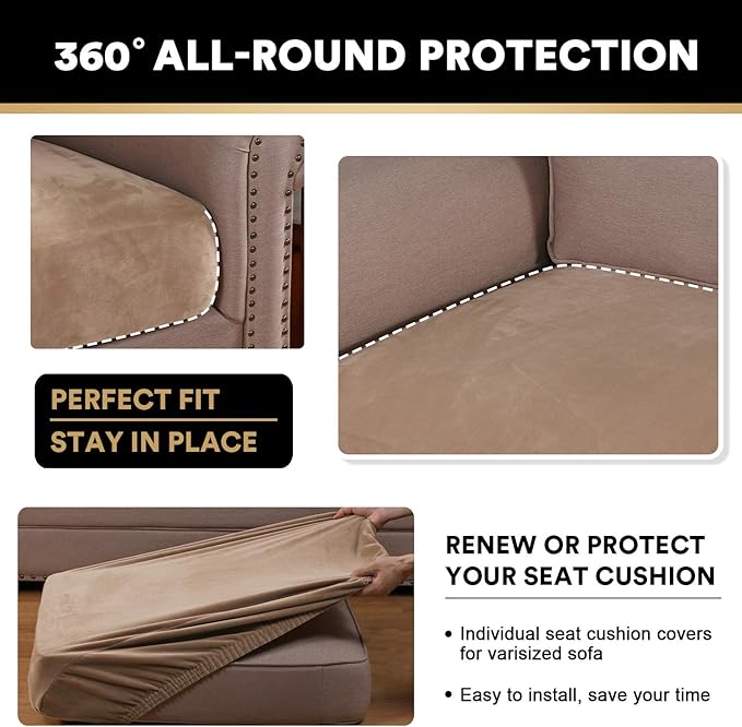 PrinceDeco Super Soft Couch Cushion Covers for Sectional Couch, Velvet Sofa Slipcover for Cushion Sofa pet Friendly with Elastic Bottom(Each Width Up to 29.5", Camel)