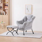 Plush Lazy Chair and Ottoman, Large Contemporary Accent Lounge Chair with Armrests and a Side Pocket, Modern Leisure Upholstered Sofa Reading Armchair with Footrest for Bedroom, Living Room