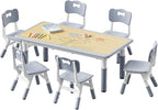 Brelley Kids Table and 6 Chairs Set, Height Adjustable Toddler Desk and Chair Set, Graffiti Desktop, Classroom/Daycare/Home, Children Multi-Activity Table for Ages 2-8