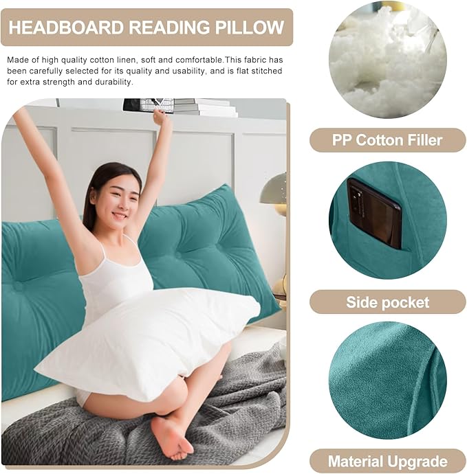 Large Triangular Headboard Pillows Long Backrest Positioning Support Bolster Cushion for Daybed Fluffy Quality Plush Body Wedge Pillow with Removable Cover(Light blue-24x8x20in)