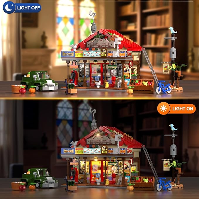 Country General Store Building Set for Adults with Lights, 1709 PCS Vintage Shop House Construction Building Block Kit, Home Decor Cabin Architecture Model for Women Men Teens Boys Girls 12+