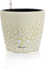Dexceder 11x10 Inches Self Watering Planter Indoor Outdoor, Inner Pot Design, Thickened Table Flower Plant Pot with Water Level Indicator (White Gold Crackle)