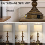 27" Vintage Table Lamps Set of 2, Farmhouse Resin Bedside Lamp with USB C+A Ports & AC Outlet, 3-Way Dimmable Touch Control Lamps for Living Room Bedroom Nightstand Antique Brown Washed Wooden Finish