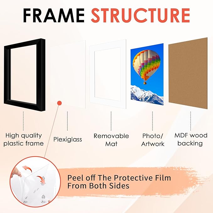 FIXSMITH 11x14 Picture Frame Set of 10, Black Photo Frames Bulk with HD Plexiglass, Display Pictures 8x10 with Mat or 11x14 Without Mat, Multi Picture Frames Collage for Wall Decor