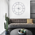 LEIKE 32" Large Modern Wall Clocks,Vintage,Round,Nearly Silent,Little Ticking,Battery Operated,Silver Metal Roman Numerals Clock for Living Room/Bedroom/Kitchen Wall Decor