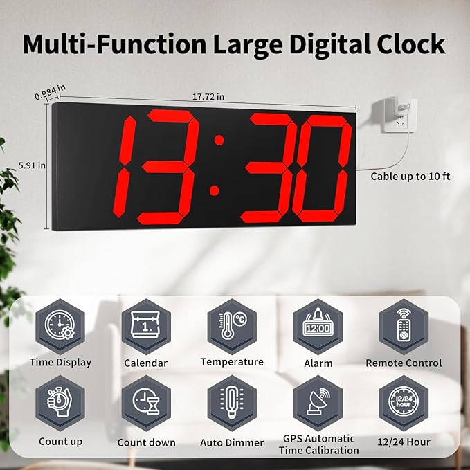 18.7'' Automic Digital Wall Clock, LED Wall Clock with Large Display, Multi-Function Clock with Alarm and Timer, Auto Time Sync Digital Clock with Adjustable Brigthness(Red)