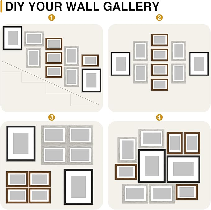 decorUhome Picture Frames Collage Wall Decor for Photo Gallery Display, Assorted Picture Frames set of 10 Including Two 8x10 / Four 5x7 / Four 4x6 for Family Wall Decor, Black/Brown/Grey, 10 Pack