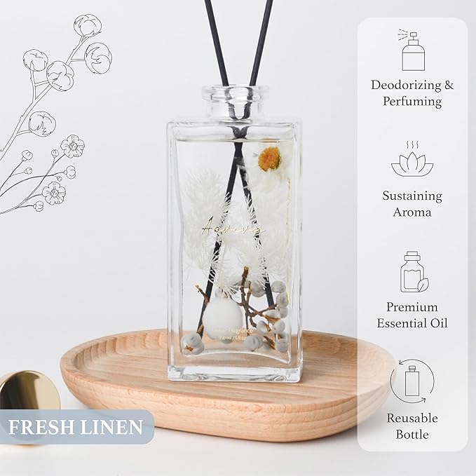 Flower Reed Diffuser Set, 5 oz Fresh Linen Scent Diffuser with Sticks, Home Fragrance Scented Oil Reed Diffusers for Home, Bathroom, Decor & Gift