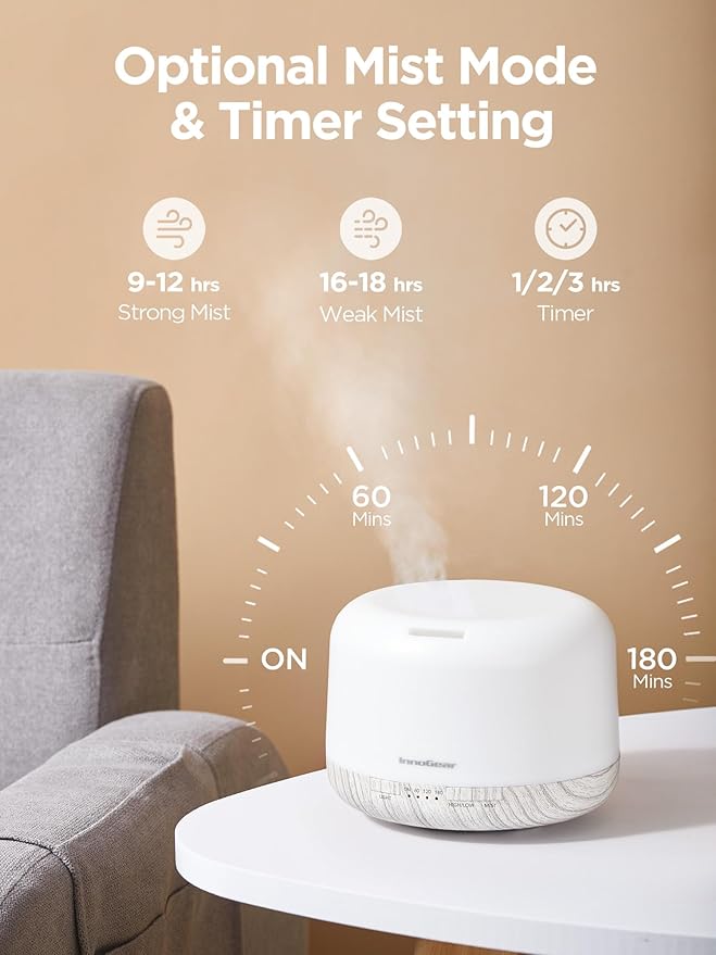 InnoGear 500ml Essential Oil Diffuser with Remote Control, Premium Ultrasonic Aromatherapy Diffusers Scent Humidifier Vaporizer Auto-Off Timer for Large Room Home, White
