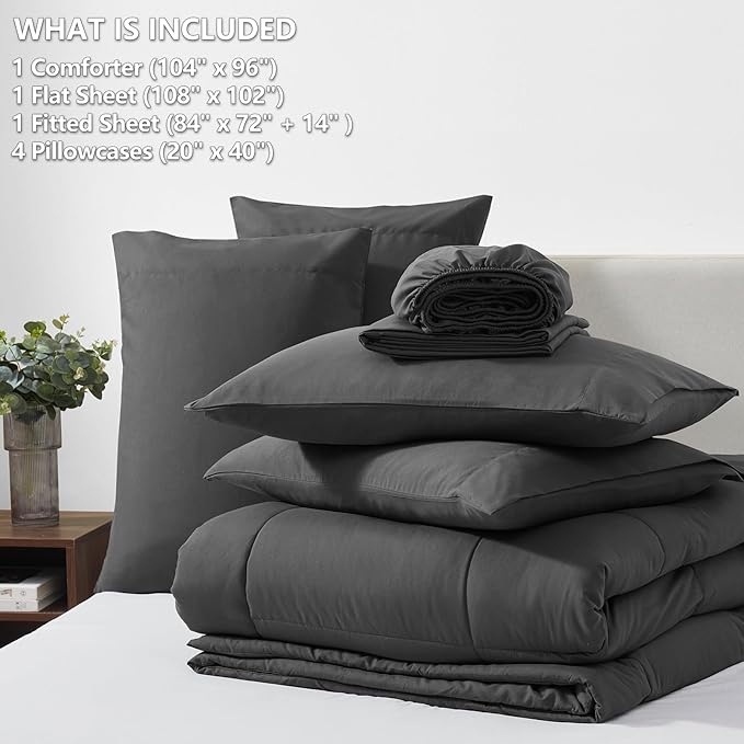 CozyLux California King Comforter Sets Dark Grey, 7 Pieces Cal King Bed in a Bag, All Season Bedding Sets with Stitch Quilted Comforter, Flat Sheet, Fitted Sheet, Pillowcases