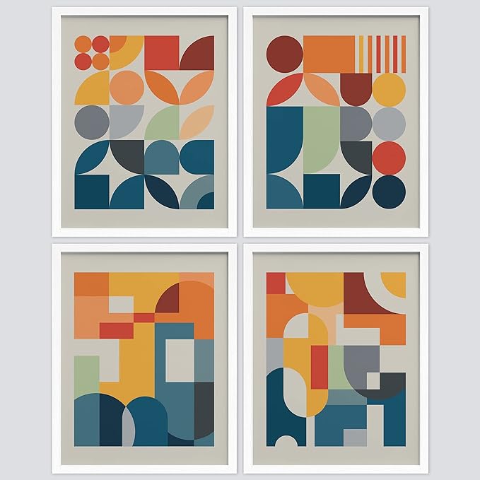 SIGNWIN Framed Mid-Century Modern Colorful Geometric Polygons Wall Art, Set of 4 Abstract Geometric Wall Decor Prints, Nature Wilderness Wall Décor for Living Room, Bedroom - 8"x10" White